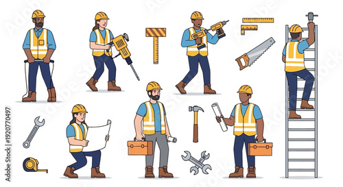 Construction Worker Set with Various Tools.