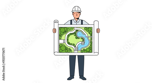 Engineer Holding Blueprint of Green Space.