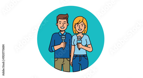 Cartoon Man and Woman Holding Microphones.