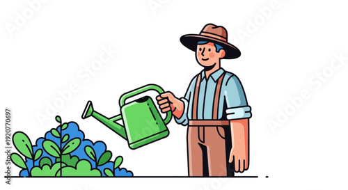 Farmer Watering Plants with Green Can.