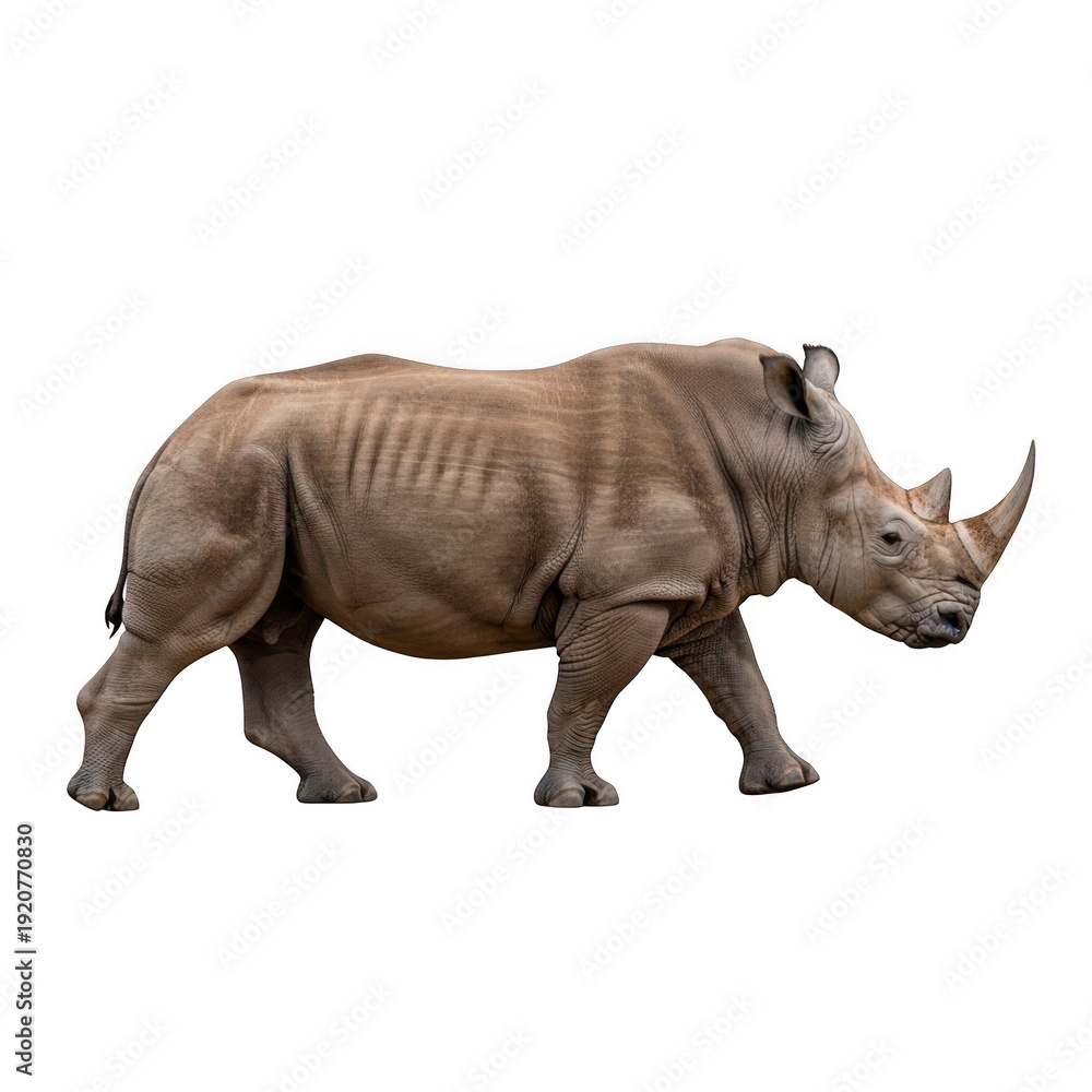 Fototapeta premium Majestic white rhinoceros walking on white background, powerful african rhino side view, isolated wild animal with large horns and textured skin