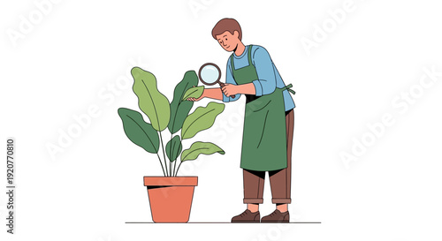 Gardener Examining Potted Plant with Magnifying Glass.
