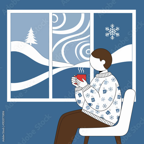 Person sitting by window, holding a steaming cup in a wintery scene.