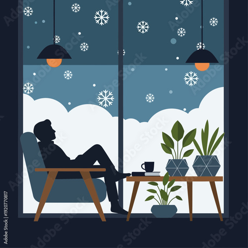 Person relaxing indoors near a window with snowflakes outside.