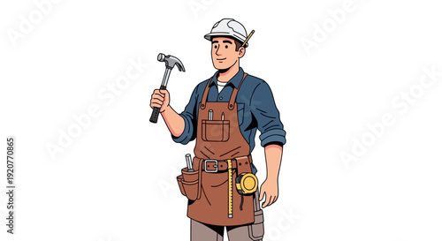 Handyman holding hammer and wearing apron.