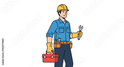 Handyman with Toolbox and Wrench Standing.