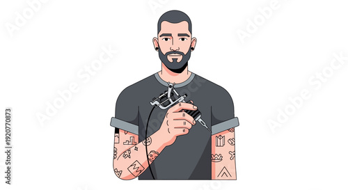 Illustration of man with tattoos and beard.