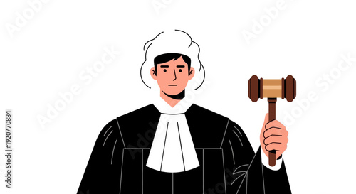 Judge in Robes Holding Gavel Illustration.