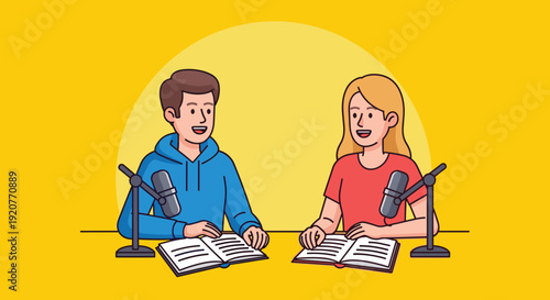 Male and Female Cartoon Podcast Hosts.