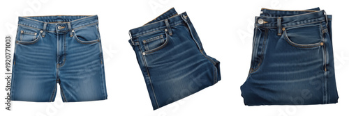 Set and collection of classic blue denim jeans folded in various styles and angles for fashion retail mockup isolated on white transparent PNG background