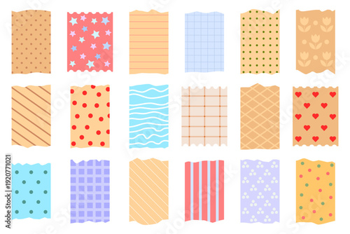18 decorative paper stationery Washi tape with various patterns, 6 pieces in three rows. Vector sticker set for decorating bullet journals, photo albums, to-do lists, notes, memos.