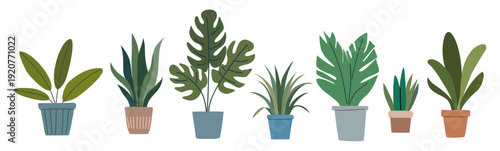 Set of diverse potted houseplants, featuring rich green foliage and earthy pastel pots. Flat vector illustration isolated on transparent background