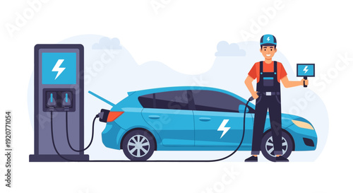 Man Charging Electric Car at Station.