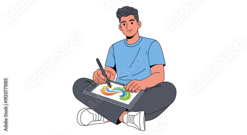Man Drawing on Graphics Tablet Sitting.