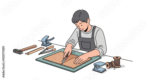 Man Engraving on Wooden Block with Tools.