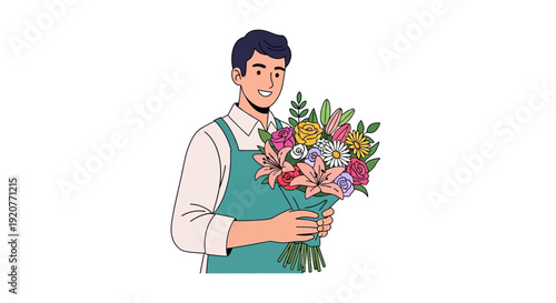Man Holding Bouquet of Colorful Flowers.