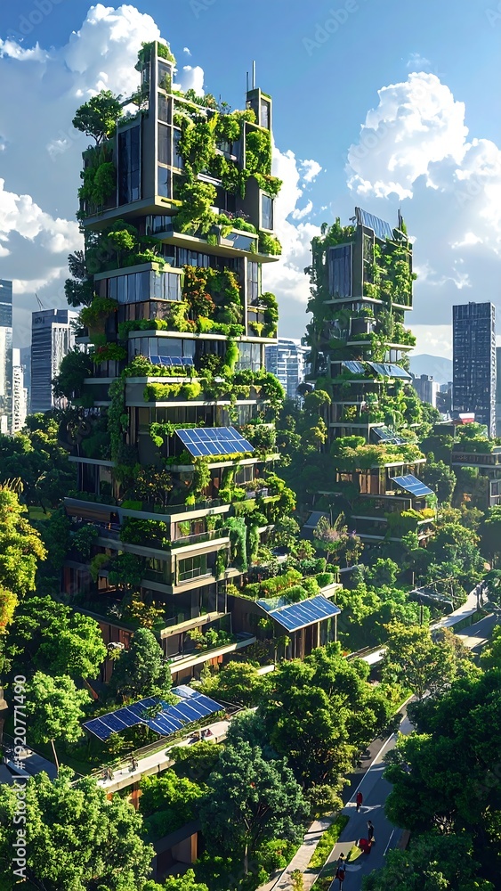 Obraz premium Eco-Friendly Urban Architecture - Sustainable Buildings Integrated with Nature.