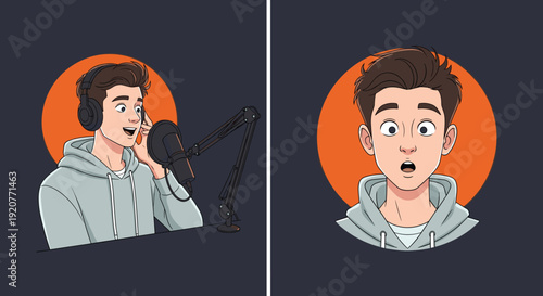 Cartoon Man Singing and Surprised Expression.