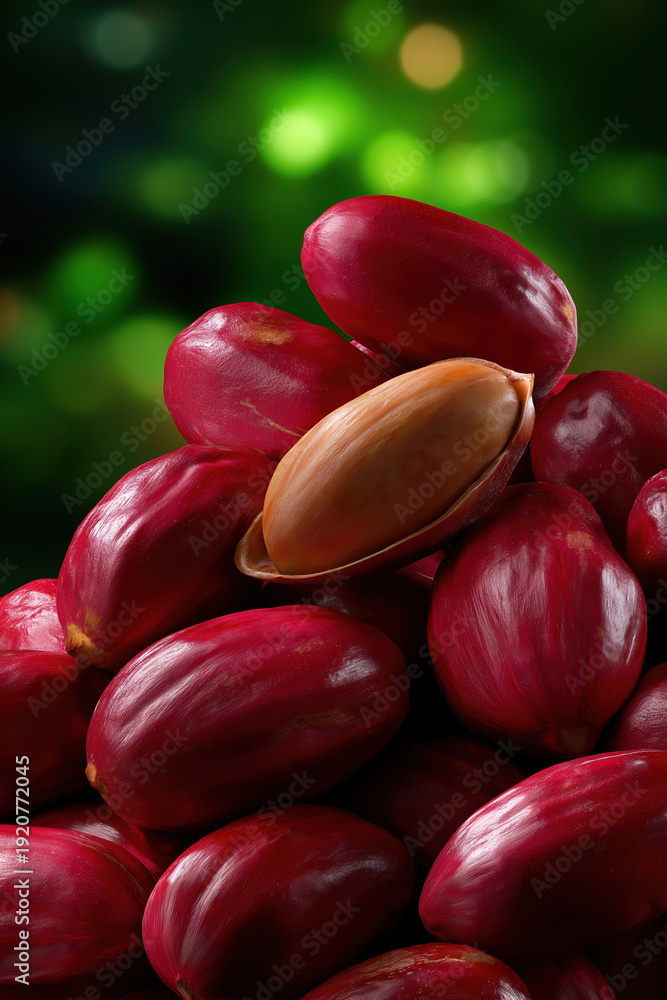 Obraz premium Fresh red coffee cherries stacked on top of each other in bright light