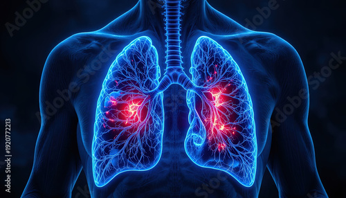 Illuminated human torso reveals internal pulmonary structure displaying areas of inflammation or disease
