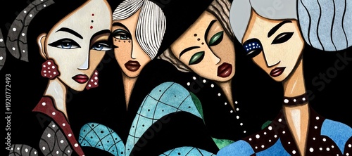 Quadro em tela Stylized fashion women group portrait on dark background, modern female characte