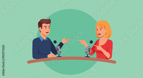 Male and Female Podcast Hosts Broadcasting.