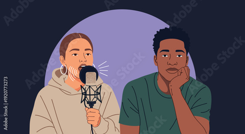 Woman Podcasting with Man Listening Intently.