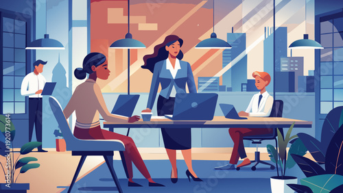 Team members work together in a modern office during the day while discussing projects and plans for future tasks Generative AI