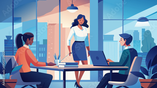 Business meeting takes place in a modern office with a view of the city during the day Generative AI