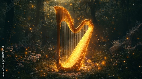 Enchanted glowing harp illuminating a mystical forest at night