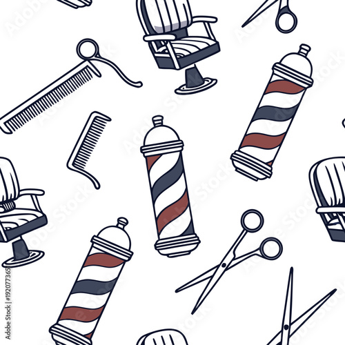 Barber tools and chairs are arranged in a pattern on a white background showing items for haircuts and grooming sessions Generative AI