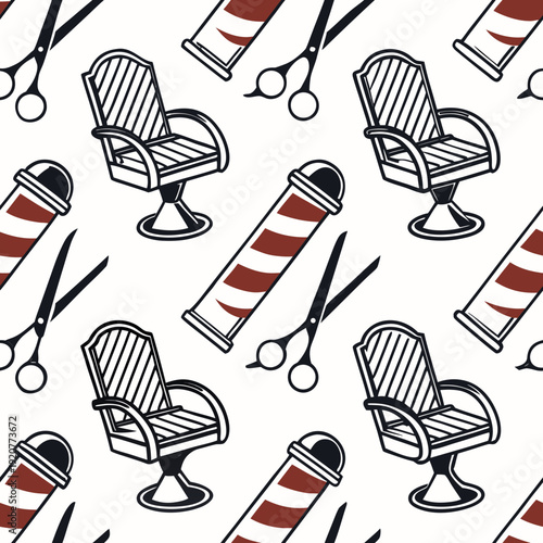 Barber shop items in a repeating pattern with chairs, scissors, and barber poles in a white background design Generative AI