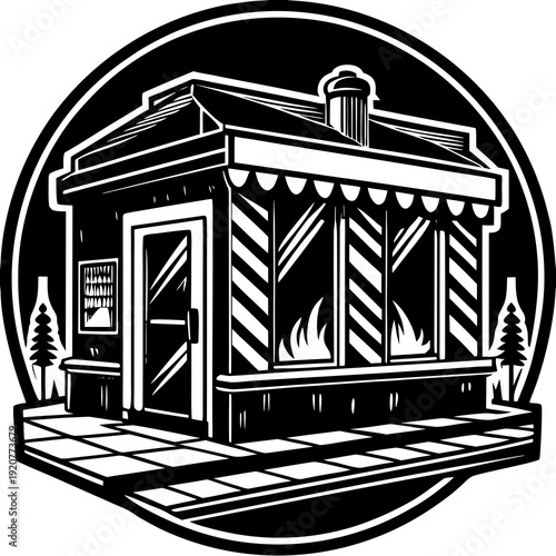 Small building with large windows and a door, showing a fire inside, situated on a square pavement with trees nearby Generative AI