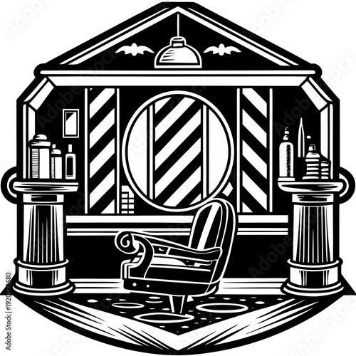 Barber shop scene with a classic chair and products on shelves in a simple room setting Generative AI