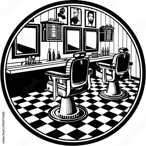 Barber shop with two empty chairs, mirrors, and wall art showing famous figures, located indoors in a simple design Generative AI