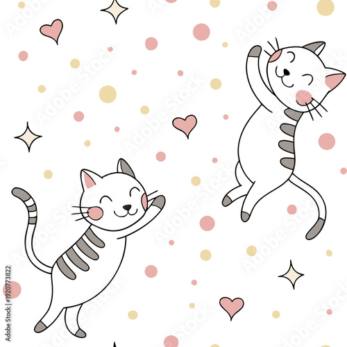 Cute cats dance happily among stars and hearts on a white background during a playful cartoon scene Generative AI