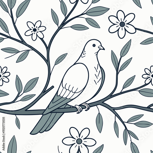 Bird sits on a branch against a pale sky with clouds and leaves in the background during daytime Generative AI