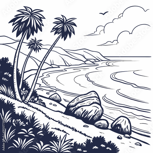 Coastal scene with palm trees and rocks by the ocean during daytime near a beach with waves and clouds Generative AI
