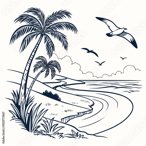 Coastline with palm trees and birds flying near the ocean during daytime Generative AI
