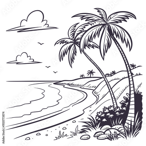 Palm trees sway by the shore as waves gently touch the sandy beach during daytime hours on a sunny coast Generative AI
