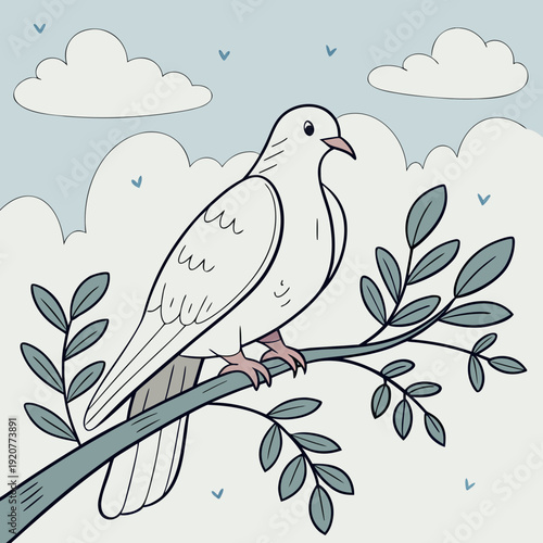 Bird sitting on a branch under a cloudy sky with simple background and greenery Generative AI
