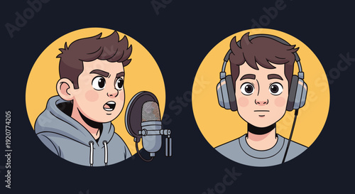 Cartoon Man Wearing Headphones and Speaking.