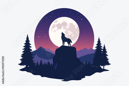 Cartoon style black silhouette wolf howling at the full moon in a dark forest night sky with stars and bats
