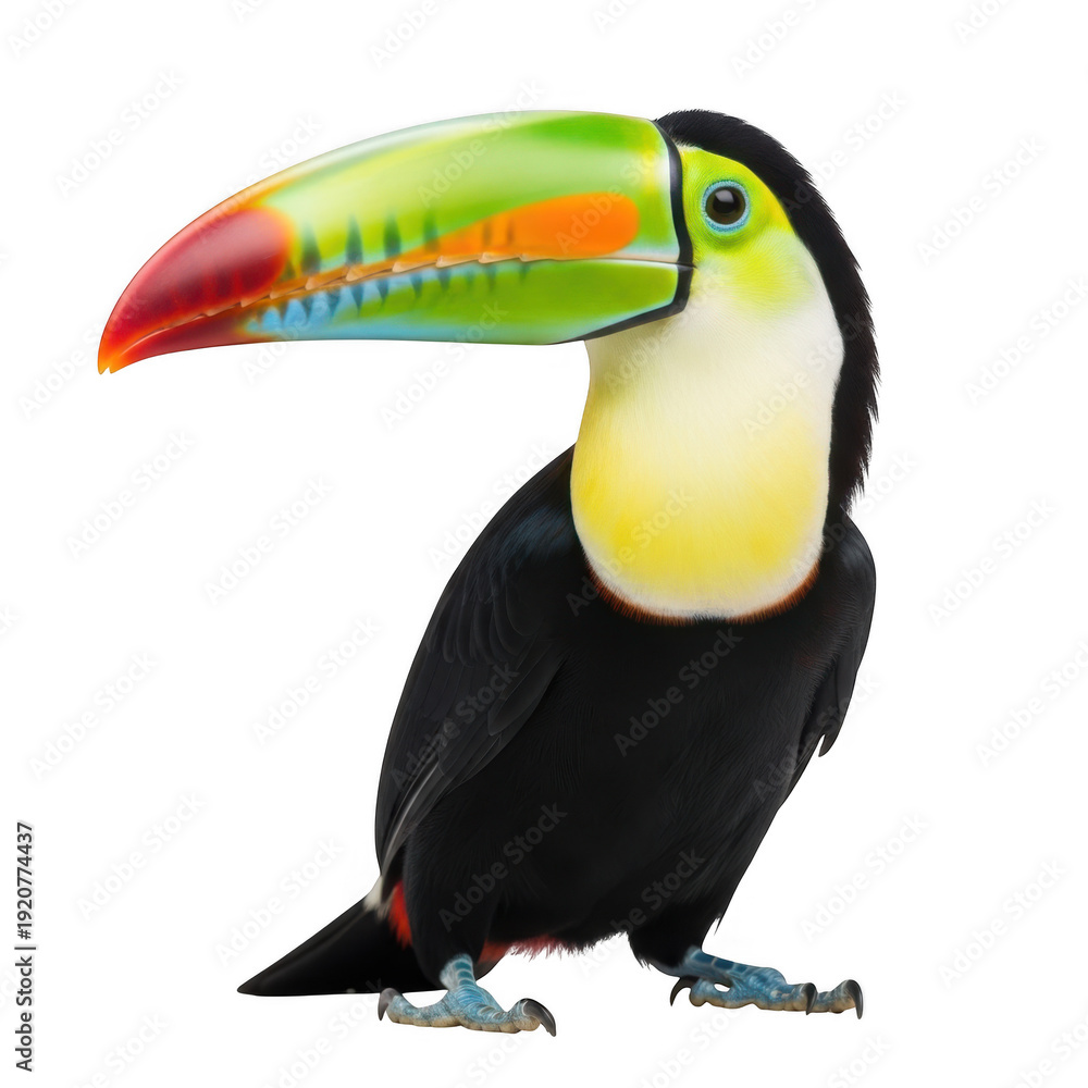 Obraz premium Keel-billed toucan bird isolated on white background, tropical sulfur-breasted toucan with colorful beak, exotic rainbow-billed bird for nature design