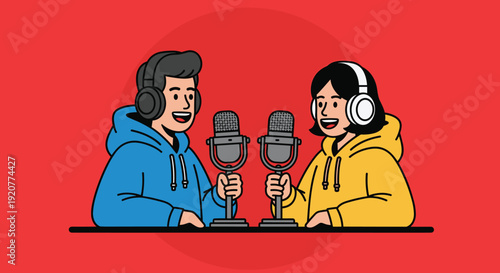 Two People Wearing Headphones Recording Podcast.