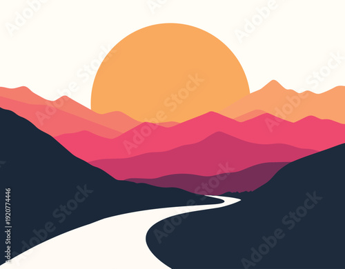 Misty sunset over blue mountain valley with silhouetted hills, forest, and glowing clouds in the sky