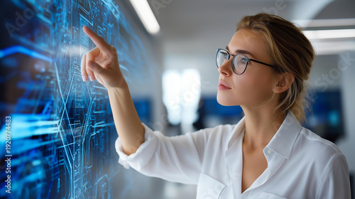 Wallpaper Mural Professional woman interacting with agentic AI hologram whiteboard, innovation future of work, digital transformation concept real people, workplace technology integration, with copy space Torontodigital.ca