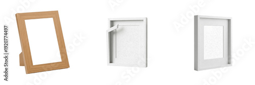 Set and collection of modern wooden and white picture frames in various perspective angles for photo mockup and interior decor isolated on white transparent PNG background