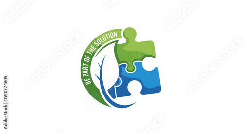 Puzzle pieces forming circle with leaf and be part of the solution text for ecology