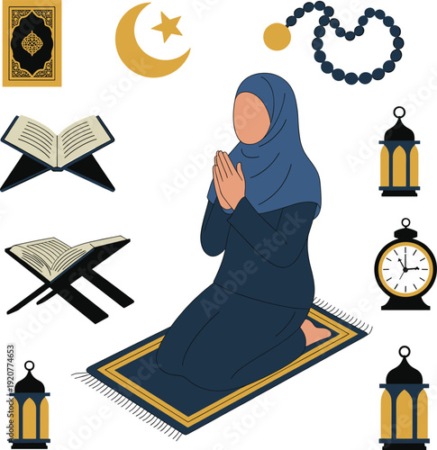 Muslim woman praying on prayer mat, Islamic Ramadan worship concept with Quran, lantern and crescent moon vector illustration